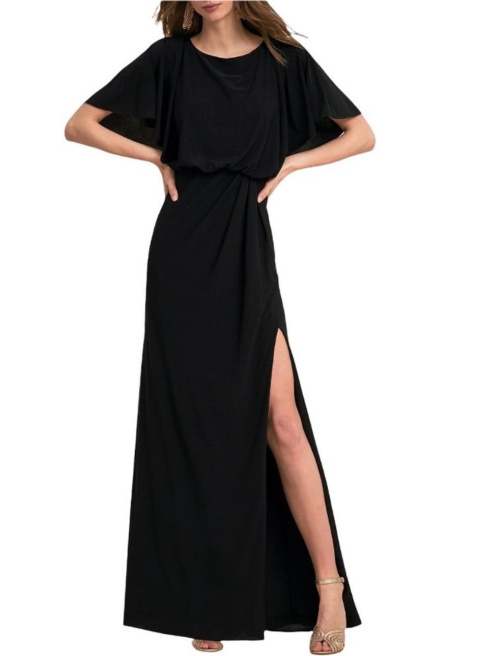 BHLDN Lena Jersey Flutter Sleeve Maxi Dress Black Women Size 16 NWT